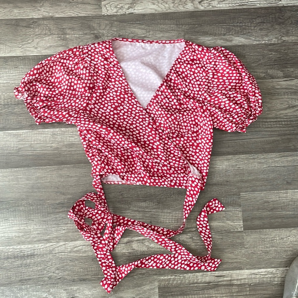 Red Flowered Tie Back Crop Top